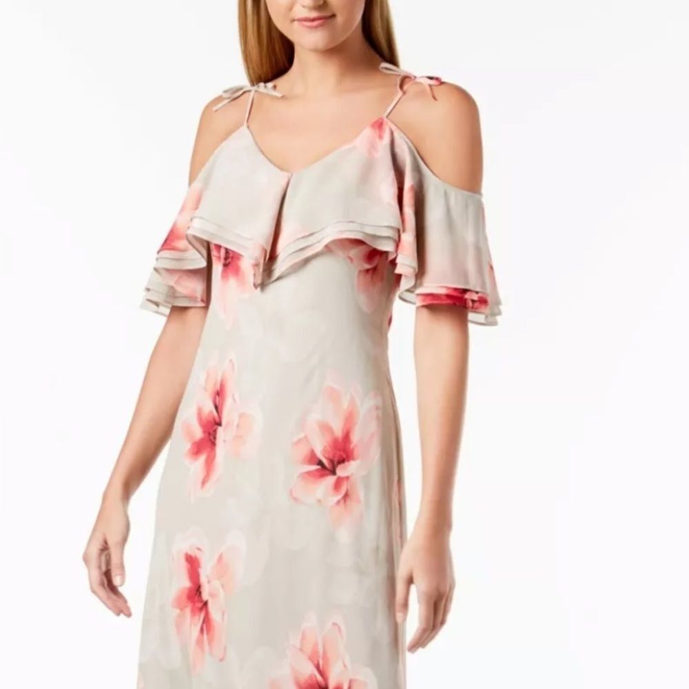 NWTCALVIN KLEIN Floral Cold Shoulder Ruffled Dress